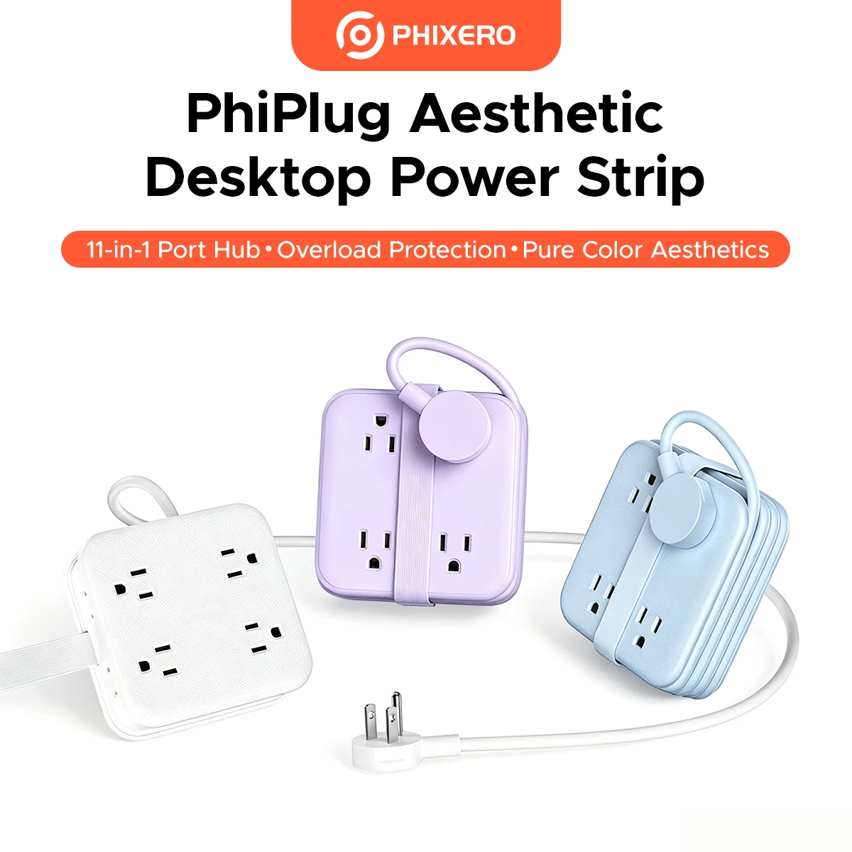 PHIXERO Portable Power Strip 8 Sockets and 4-Port Power Board Multi‑Socket Travel Extension Cord For Home Office Dorm