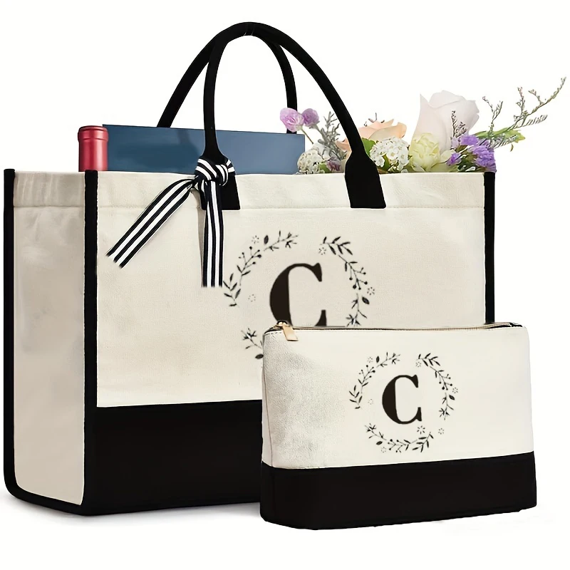 Flower Wreath Letter Canvas Tote Bag, Mãe Beach Bag, elegante e elegante bolsa, saco de compras