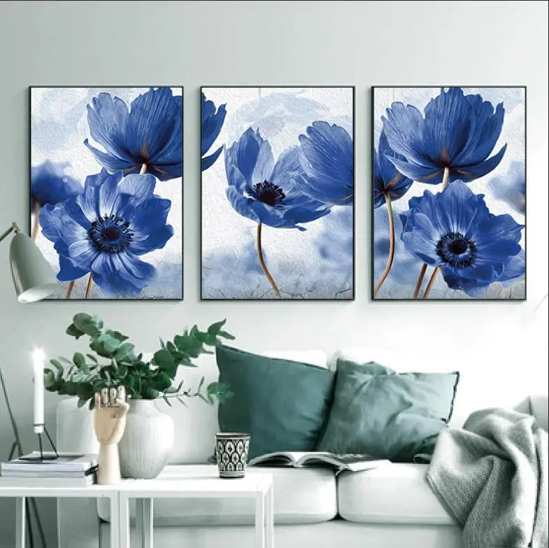 Nordic  Style Beautiful Blue Flowers Posters Home Decor Minimalism Canvas Painting Print Wall Picture for Living Room