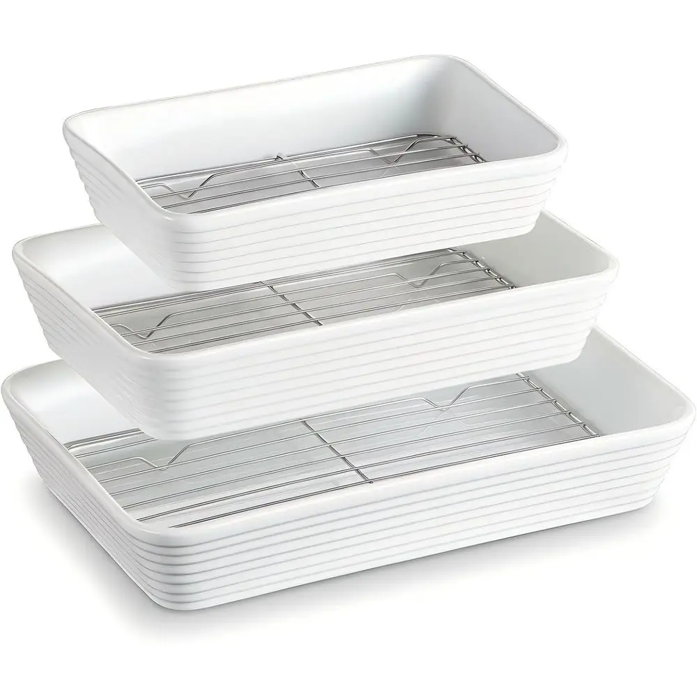

Dishes or Oven, Large Casserole Dishes or Oven with Roasting Racks, 3-Piece Dish Set, Deep Dish Lasagna Pan (3QT/2.1QT/1.3QT)