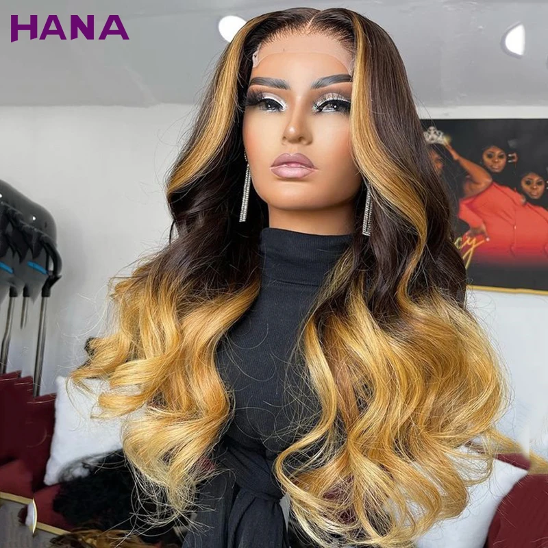 Hana Ombre Black With Honey Blonde Color 13x6 HD Lace Frontal Wig Body Wave Hairstyle 5x5 Lace Closure Human Hair Wig For Women