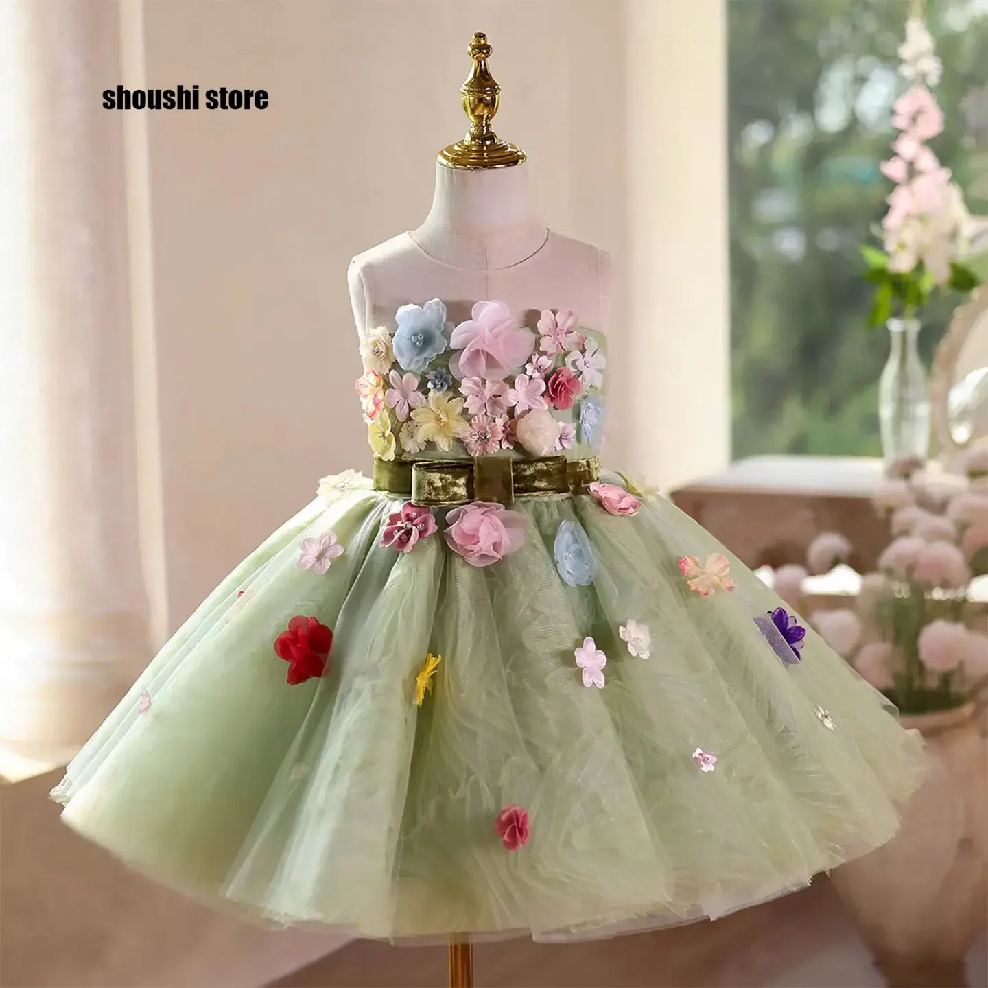 

2025 Wish J578 Элегантное платье с цветочным узором для девочек с цветочным поясом, детское праздничное платье принцессы на свадьбу, первый день рождения, вечернее платье