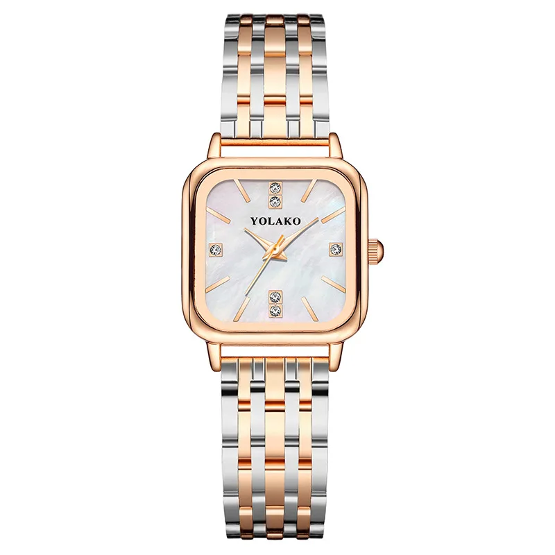 

Luxury Brands Women Quartz Watch Fashion Square with Diamonds Seashell Surface Design Gold Coloured Fine Metal Strap Watches