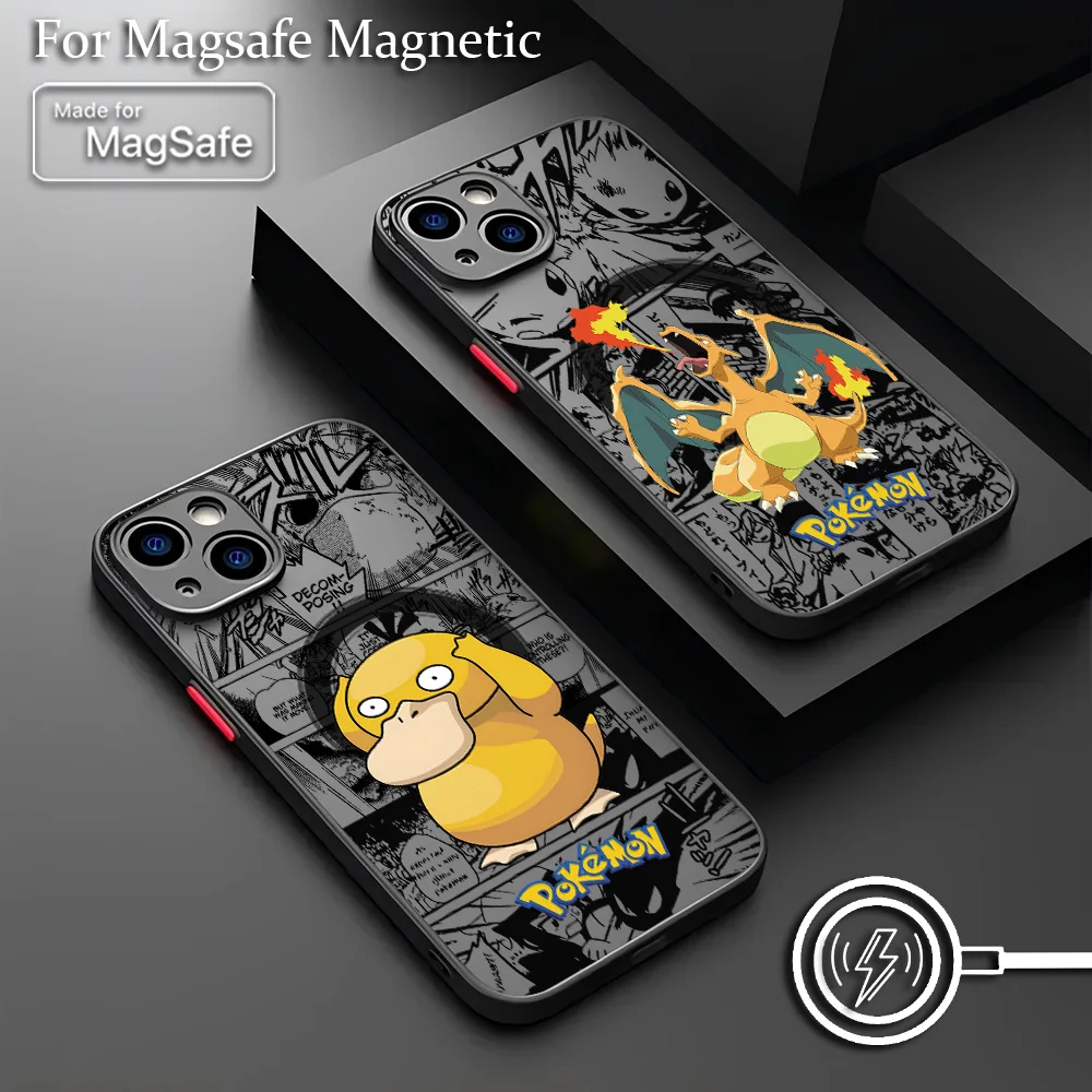 Capa Magnética Fosca para iPhone 17 16 15 14 13 12 11 Pro Max Mini XR XS X 7 8 Plus com Design de Psyduck Fofo para Pokémon