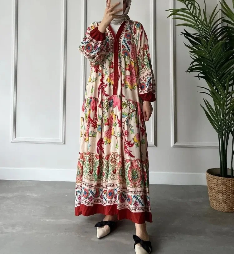 2024 Casual Autumn Women Dress Vintage Printed Ethnic Large Swing Dresses Loose V Necked Long Sleeved Robe Party Elegant Vestido