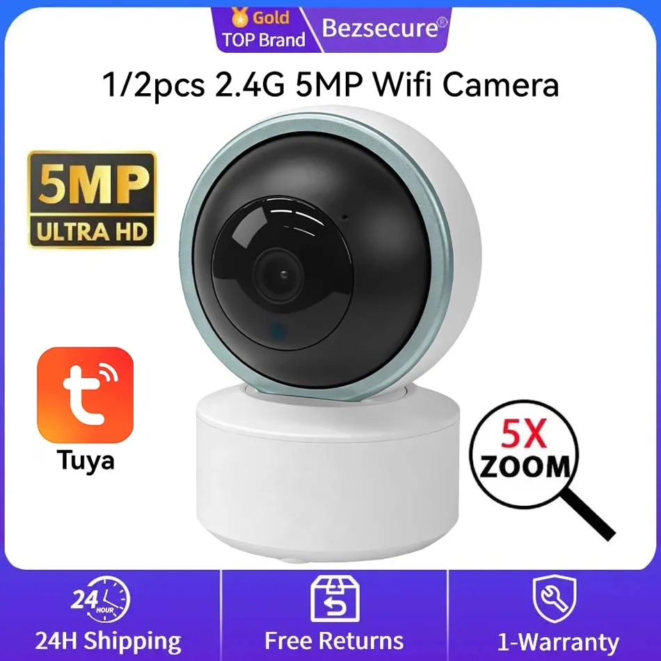 

PEGATAH 5MP WiFi камера-видеоняня с ИК ночным видением, 355 ° PTZ-камера с автоматическим отслеживанием, двусторонней аудиосвязью, для помещений, приложение Tuya