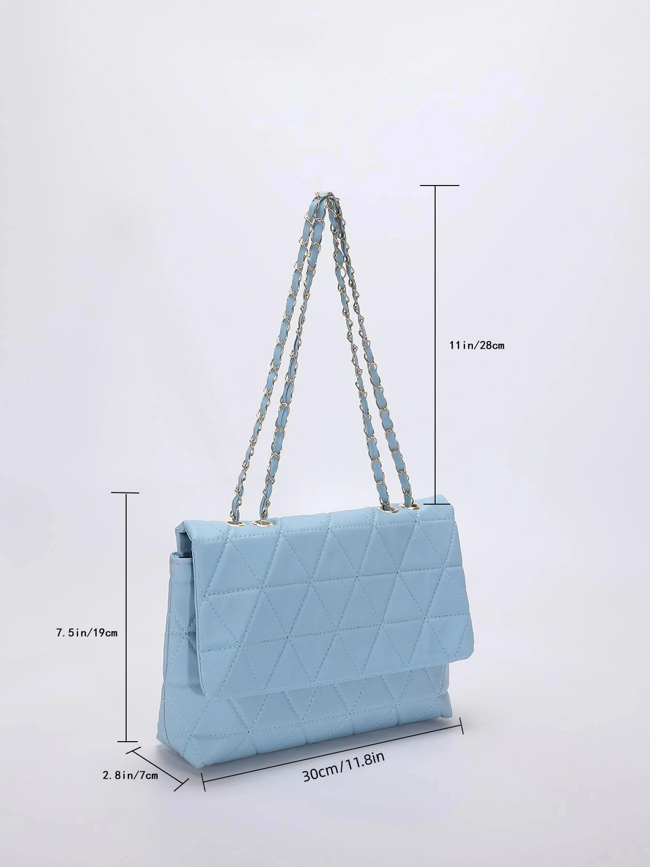 Fashion Blue Pu Flap Bag Golden Large Capacity Niche Geometric Handbag Women\'s Bag Embroidery Thread Metal Chain Shoulder Bag