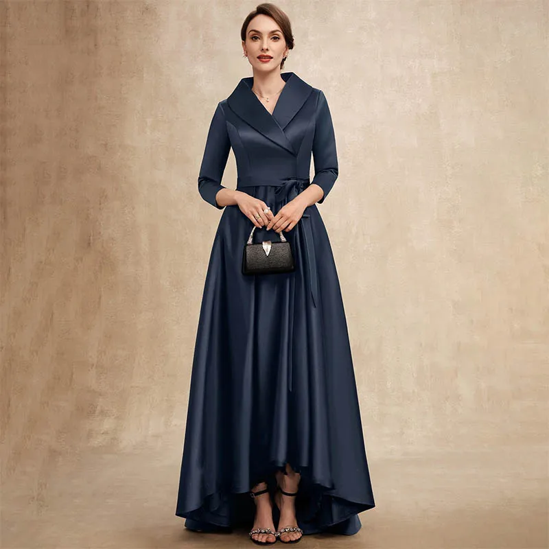 

Customized Exquisite Asymmetrical A-line Mother Dresses For Weddings V-Neck Floor-Length Formal Gown Satin With Bow Prom Dress