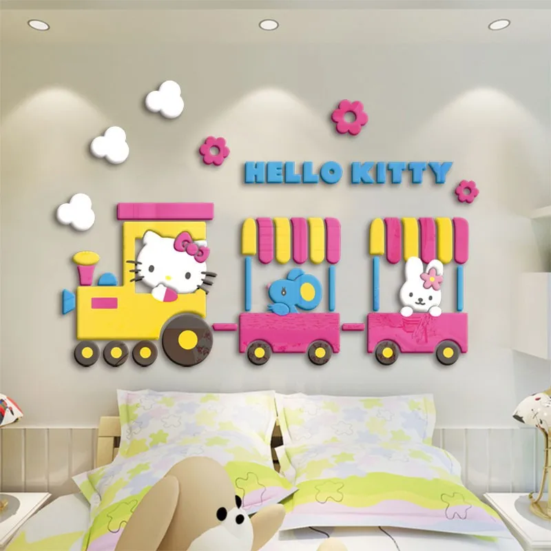 Sanrio Hello Kitty Wall Sticker DIY Self-assembly Cartoon Anime Kitty Train 3D Acrylic Wall Stickers Kid Bedroom Wall Home Decor