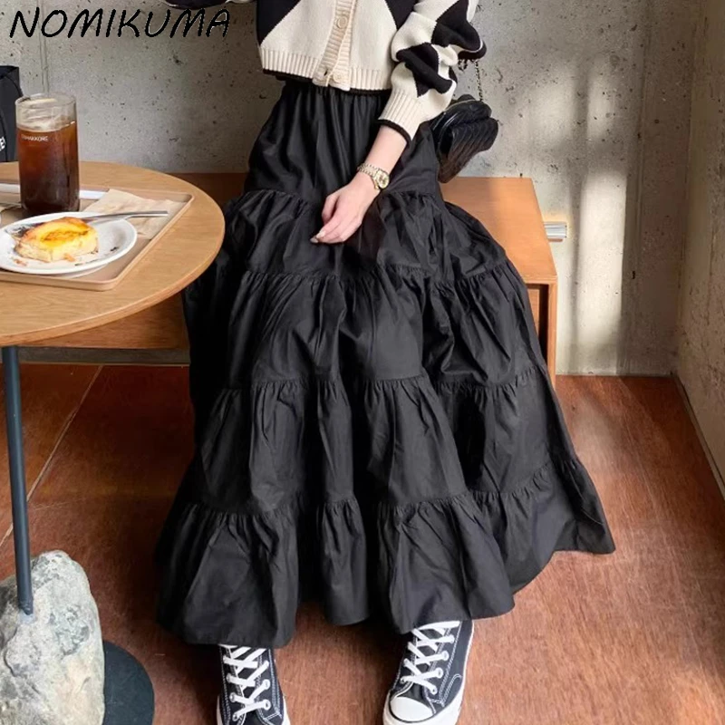 Nomikuma Korea Autumn Chic Layered Pleated Design High Waist Patchwork A-line Cake Skirt Causal 2023 New Half Length Skirts