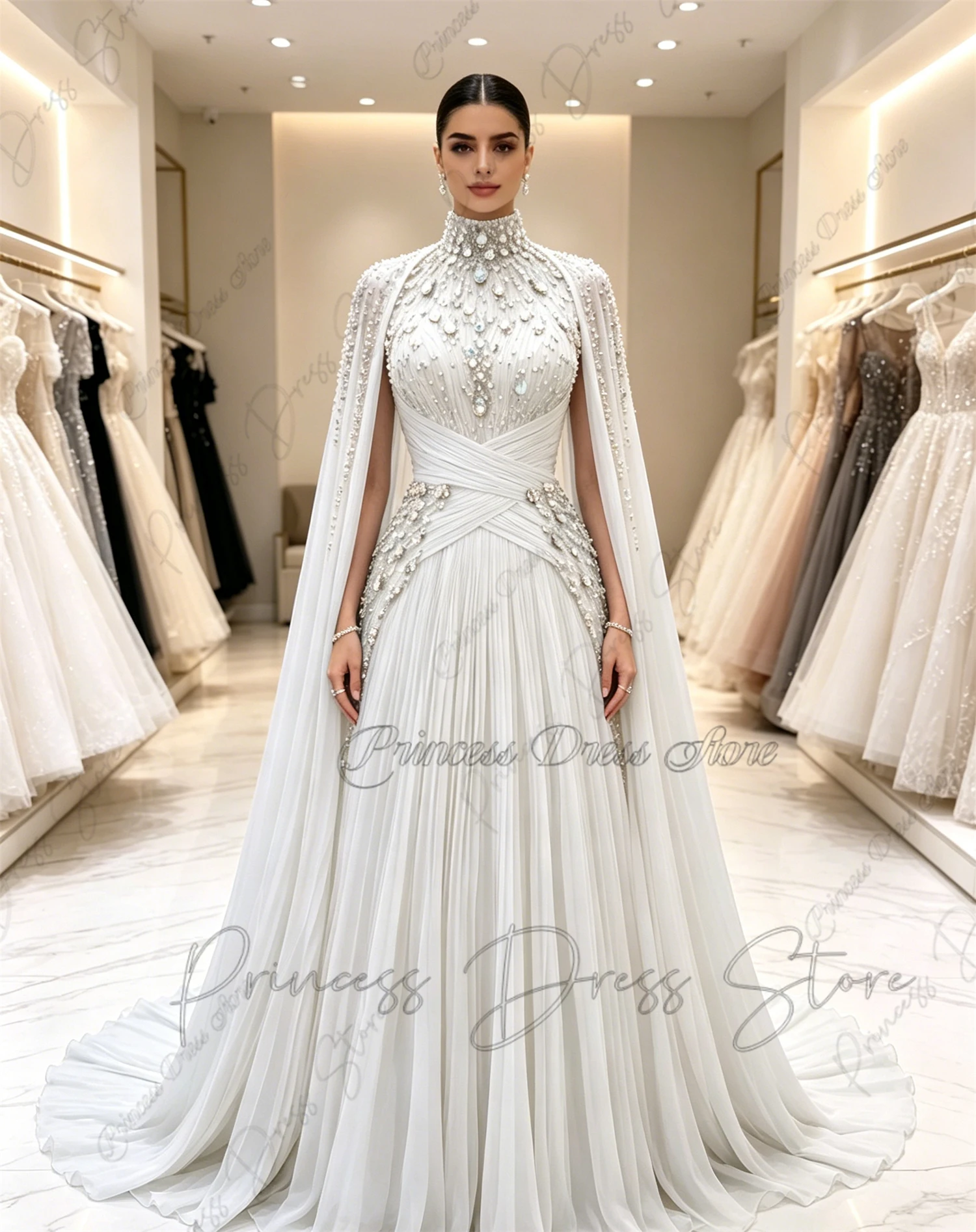 Elegant Beaded Sequins Prom Dress Off The Shoulder Single-shoulder cape vestidos de noche Floor-Length Formal Evening Customized