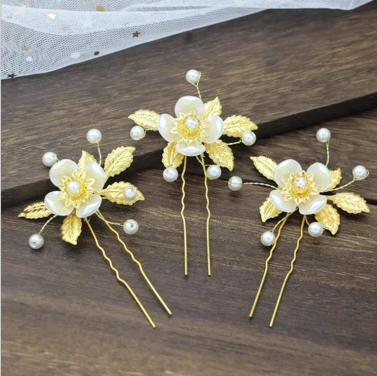 Pearl Flower Gold Bride Hair Accessories Wedding Party Hair Pins and Clips for Women Rhinestone Crystal Hair Jewelry Headwear