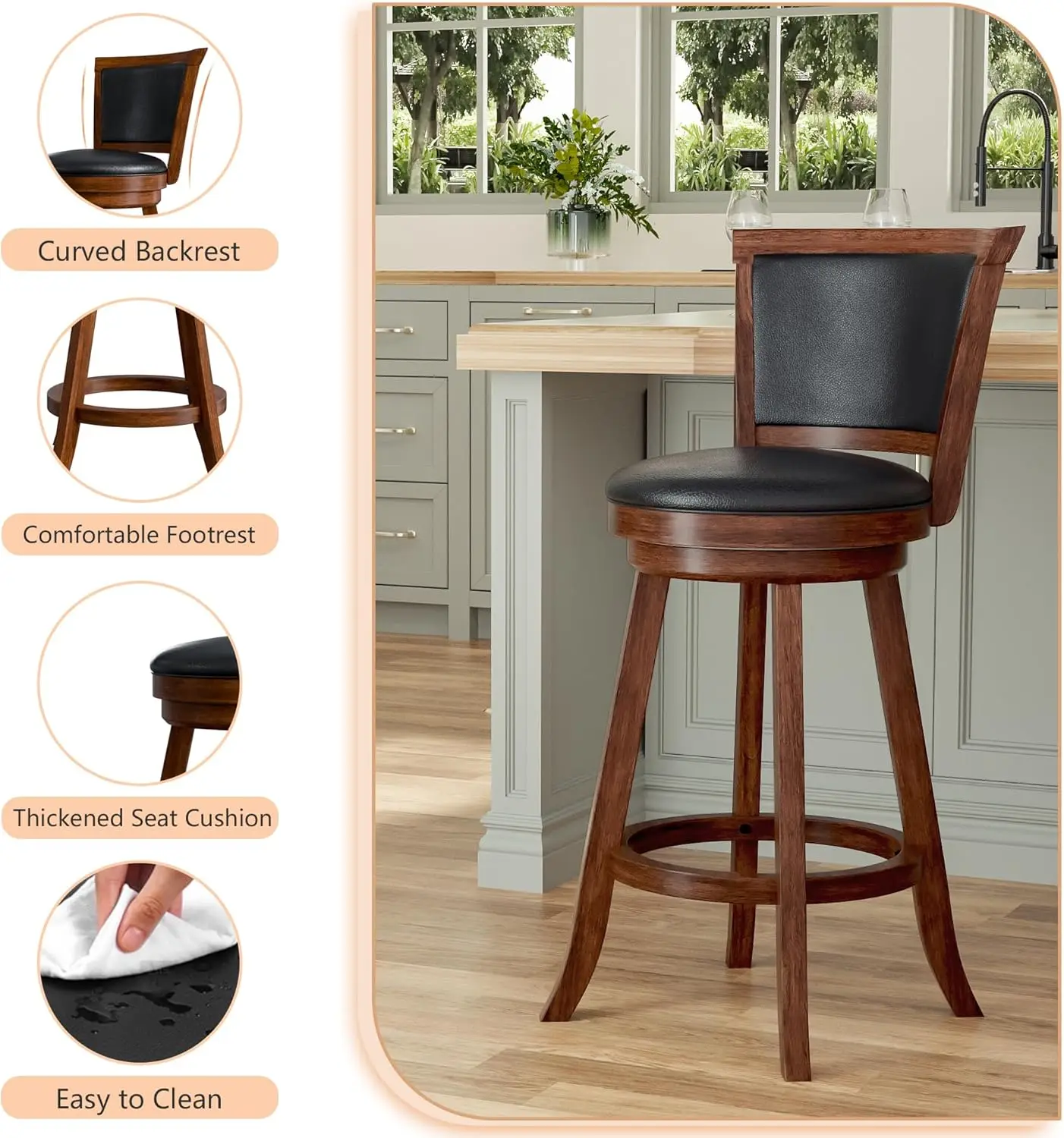 회전식 바 스툴 2개 세트, 갈색 인조 가죽, 등받이 및 발판 포함, 견고한 나무 다리
