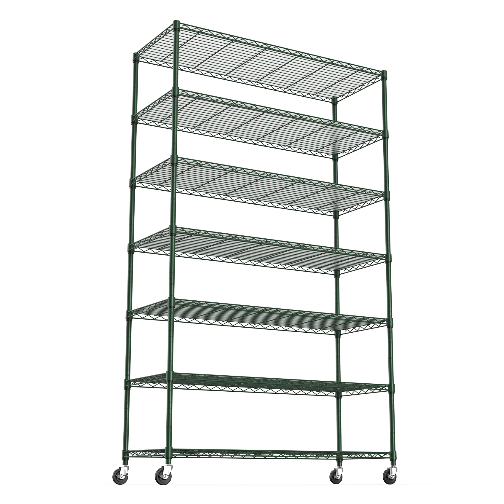 7 Tier Wire Shelving Unit, 2450 LBS NSF Height Adjustable Metal Garage Storage Shelves with Wheels,Green metal frame