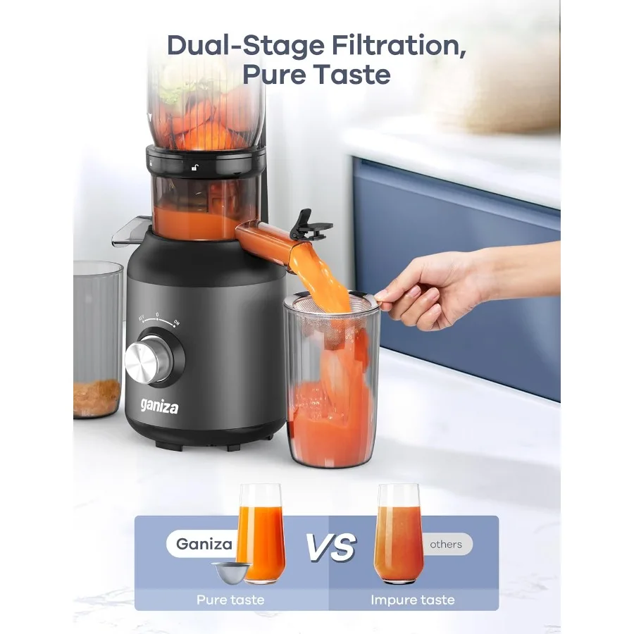 大きな投入口を備えたコールドプレスジューサーは、果物や野菜を丸ごと投入できるように設計されており、3つの機能を備えた低速咀嚼ジューシング技術を採用しています。