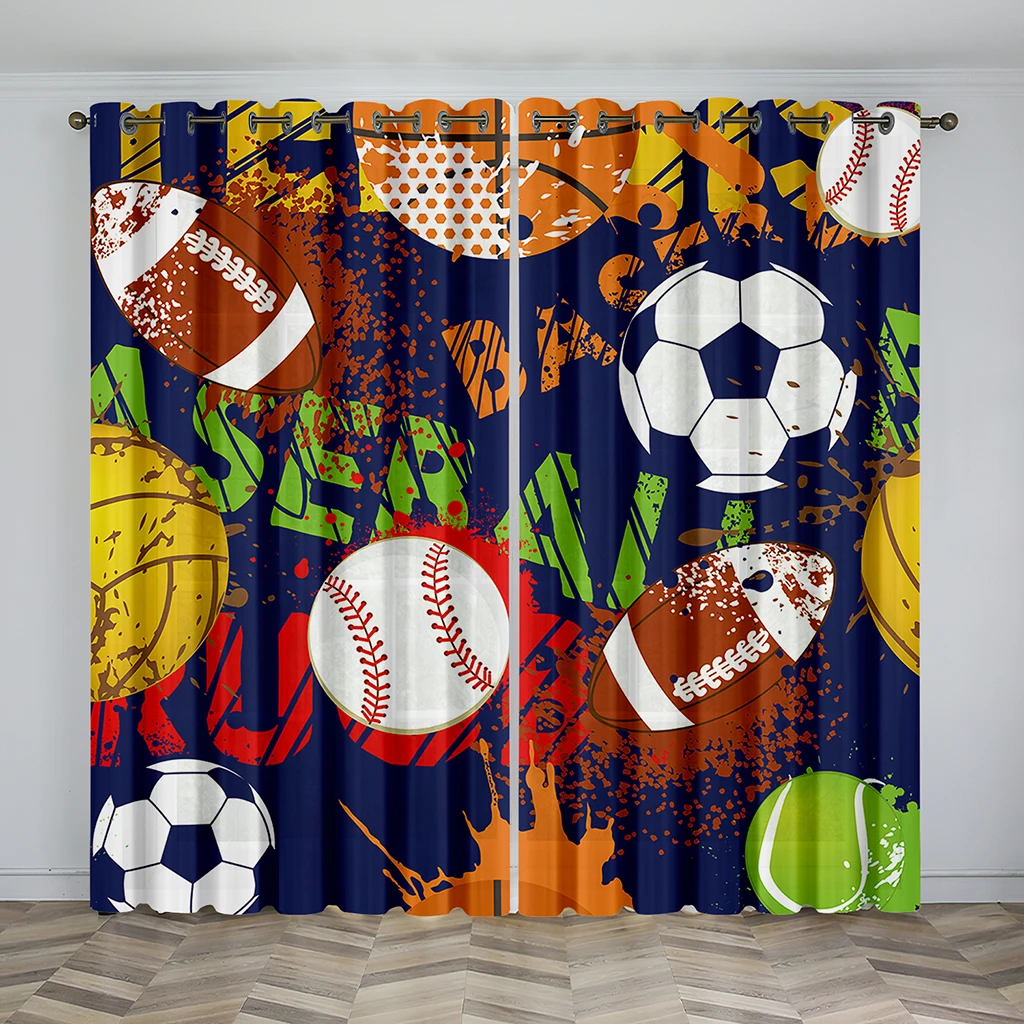 Football Graffiti Art Design Sports Children 2Pcs Shading Polyester Darkening Curtain for Living Room Kids Bedroom Decor Hook