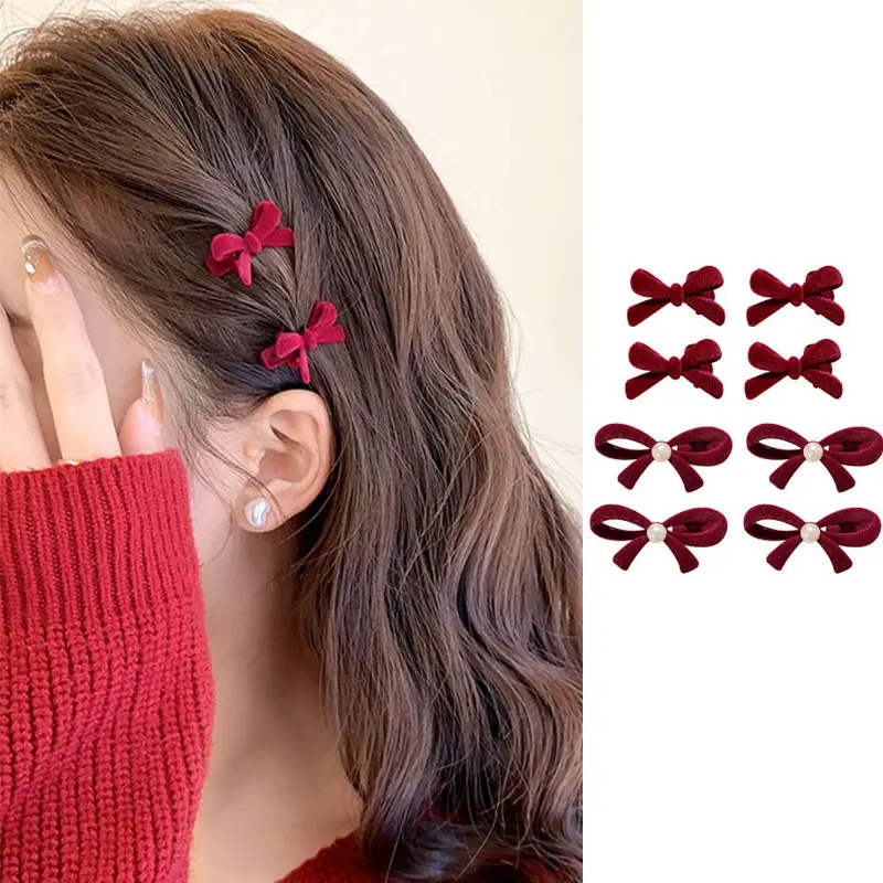 

Red Velvet Hairpins Children New Year Hedwear Princess Girl Duck Tongue Clips Simulated Pearl Barrettes Sweet Bow Hair Clips 1pc
