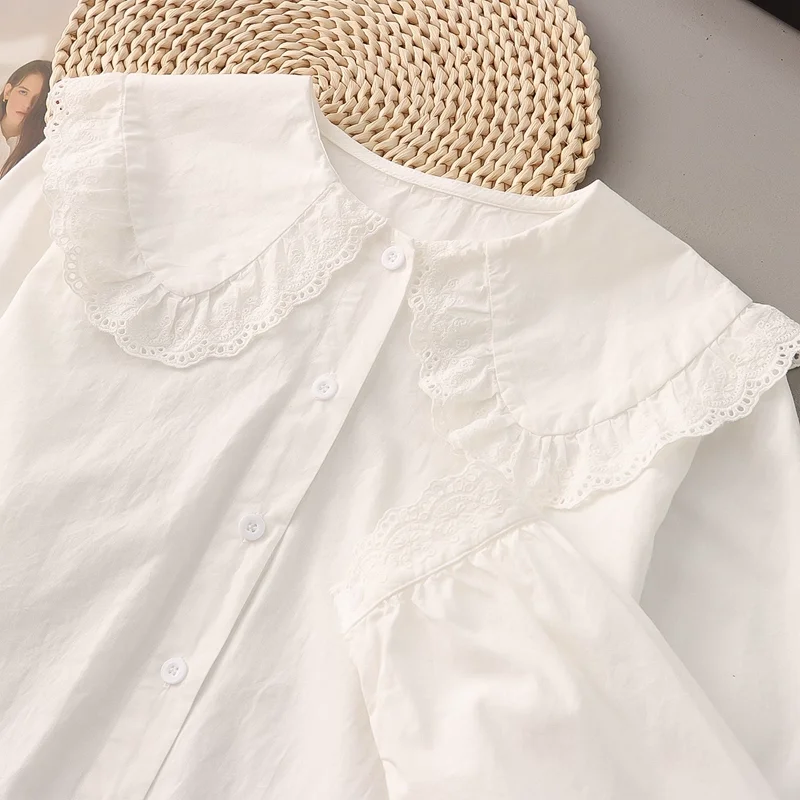 

Japanese school uniform mori girl autumn pure cotton peter pan collar cute lace patchwork white shirts and blouses for women