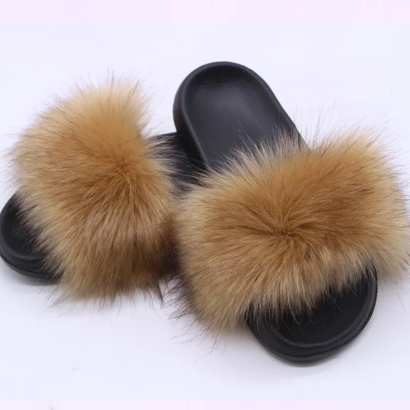 Damen Kunstfell-Slipper Flauschige Offene Pantoffeln für Drinnen und Draußen Lässige Flache Sandalen Luxuriöse Pelzige Slides für Damen – Detail 17