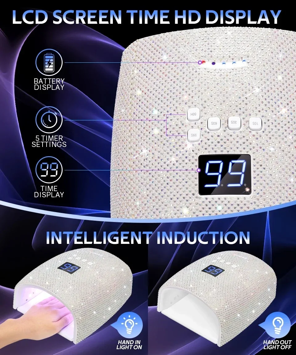 66w with Rhinestones Lamp Chips Removable Bottom Tray Uv Light Lamp for Nail Professional Led Uv Lamp Nail Gel Polish Dryer