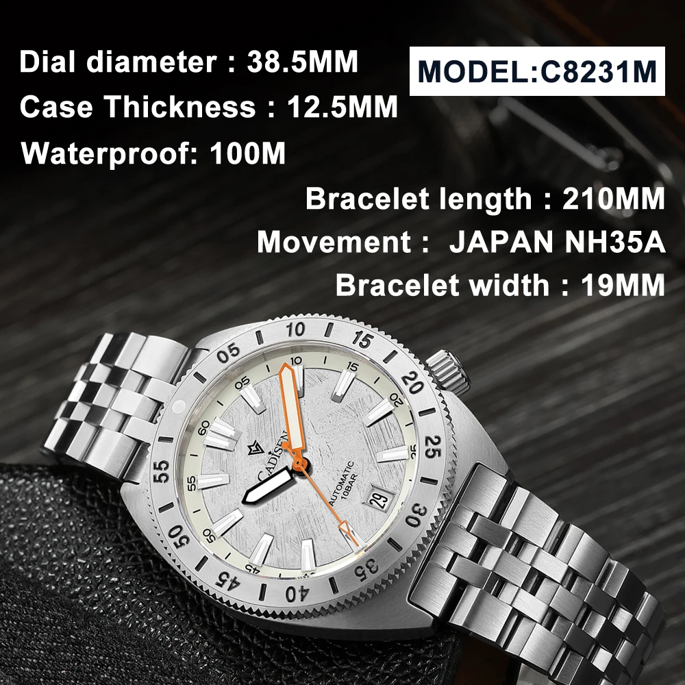 CADISEN 2024 38mm Diver Men Watches NH35A Automatic Mechanical Sapphire Glass Date Luminous 100M Waterproof Watch for Mens