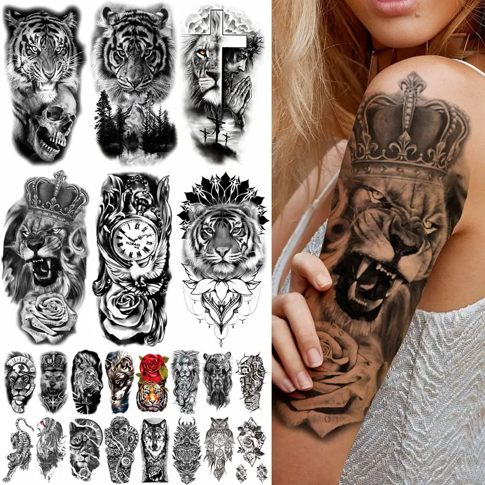 Temporary Tattoos Stickers Women Men 3D Pirate Captain Lion Warrior Evil Joker Gangster Rose Flower Cross Long-lasting Tattoos