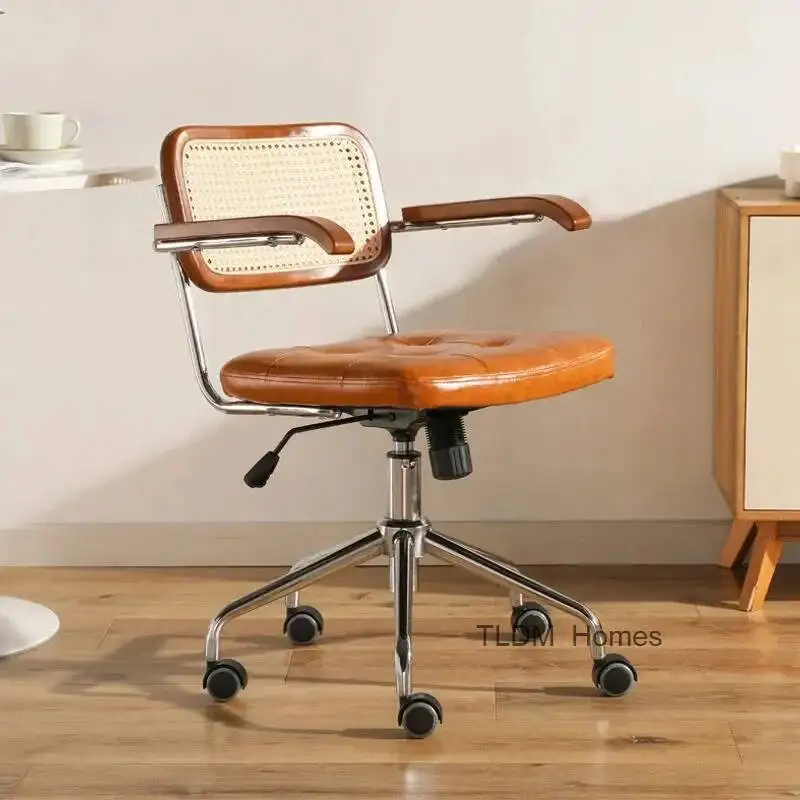 Rattan Computer Chair Retro Rotating Chair Comfortable Study Desk Seat Breathable Armrest Rattan Japanese Chair Office Furniture
