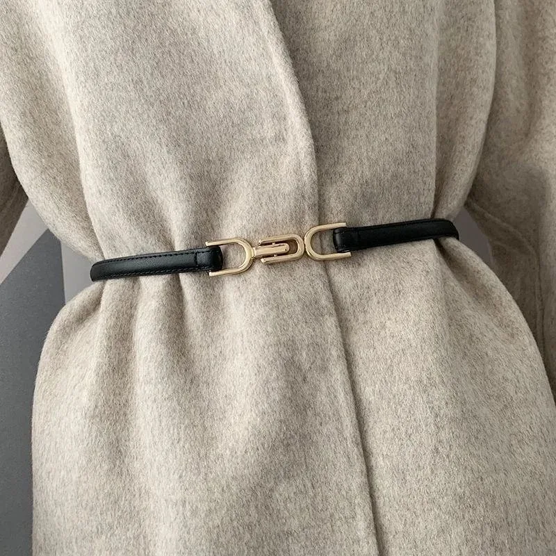 

Adjustable PU Leather Ladies Dress Sweater Belts Skinny Thin Women Waist Strap Gold Color Buckle Belts