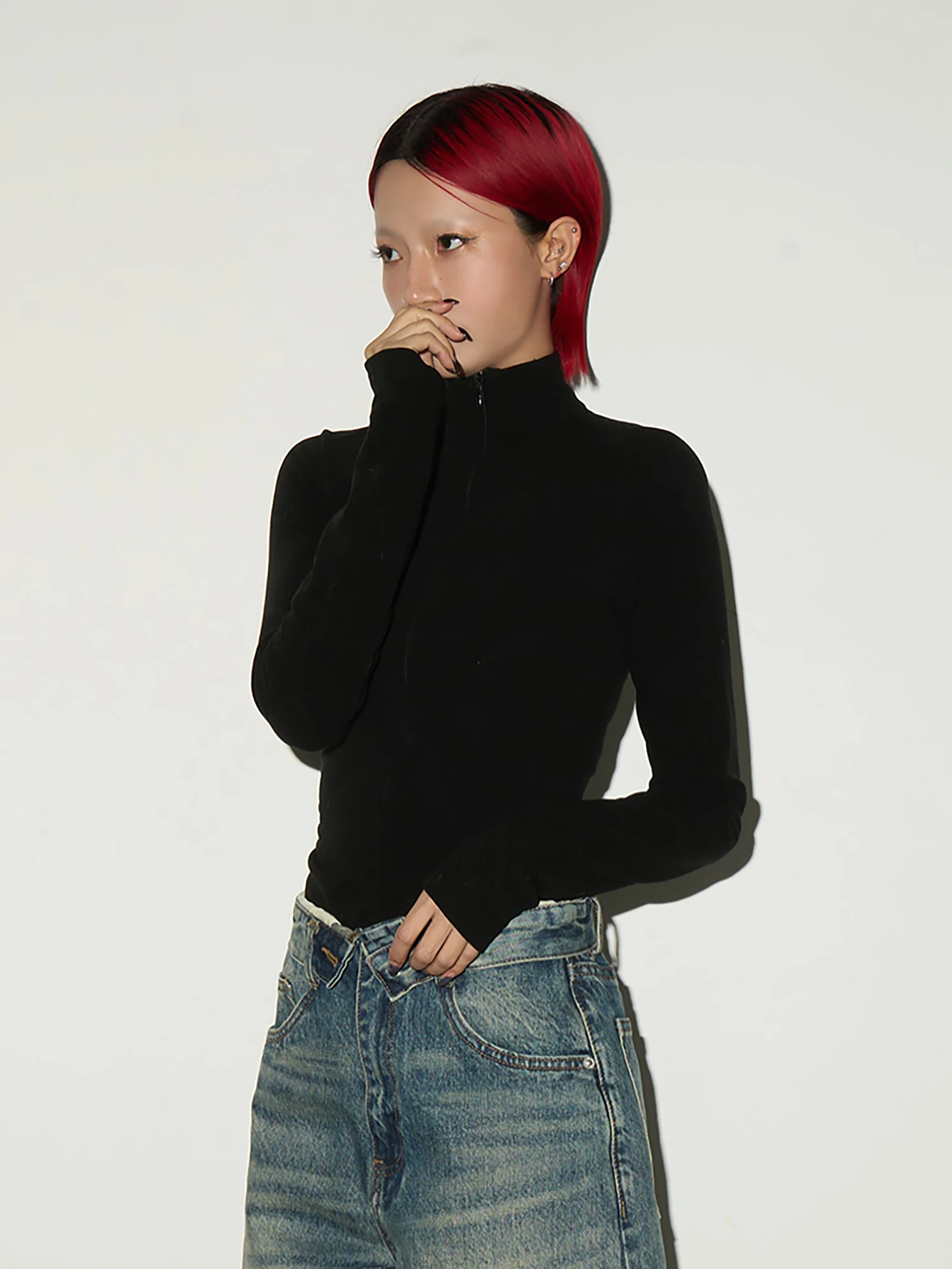 

MICHINNYON Women's Slim Fit Long Sve Base irt f Zipper Stand Collar Fce Warm Slimming Versatile Fce Lined Winte...