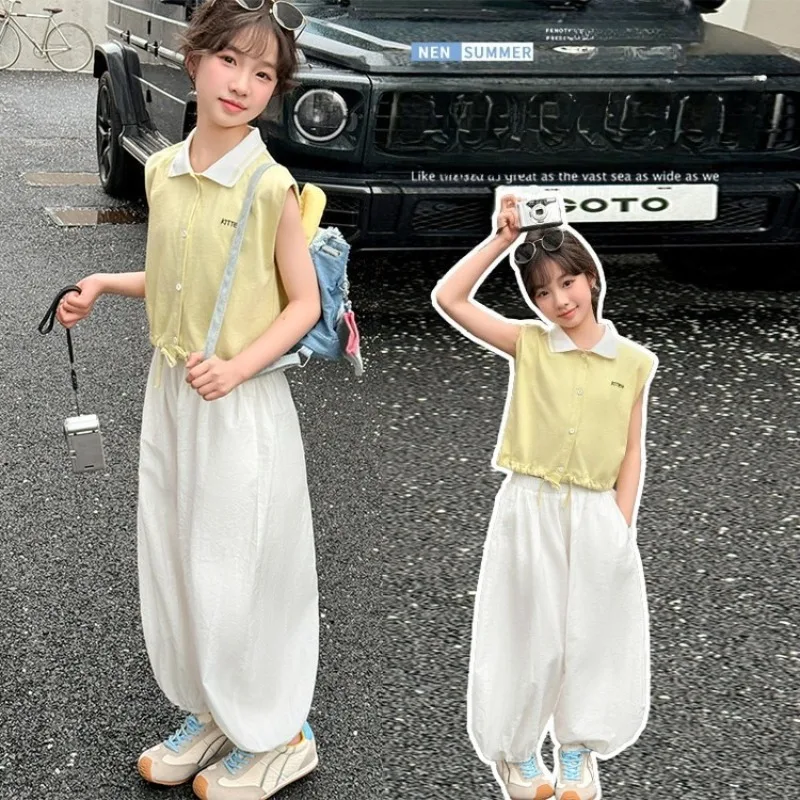 

Girls Summer Set Children Collarless Vest + Lantern Pants Two-Piece Set Kids Sleeveless Doll Blouse + Long Pants Two-Piece Set