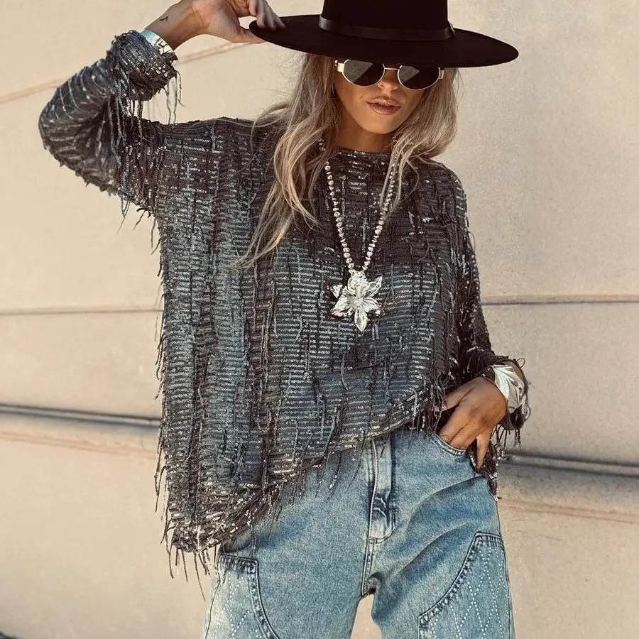 

Retro Loose Long Sleeve round Neck Shirt Bead Tassel Women's Fashionable Casual Cross-Border Top Quality Polyester Summer