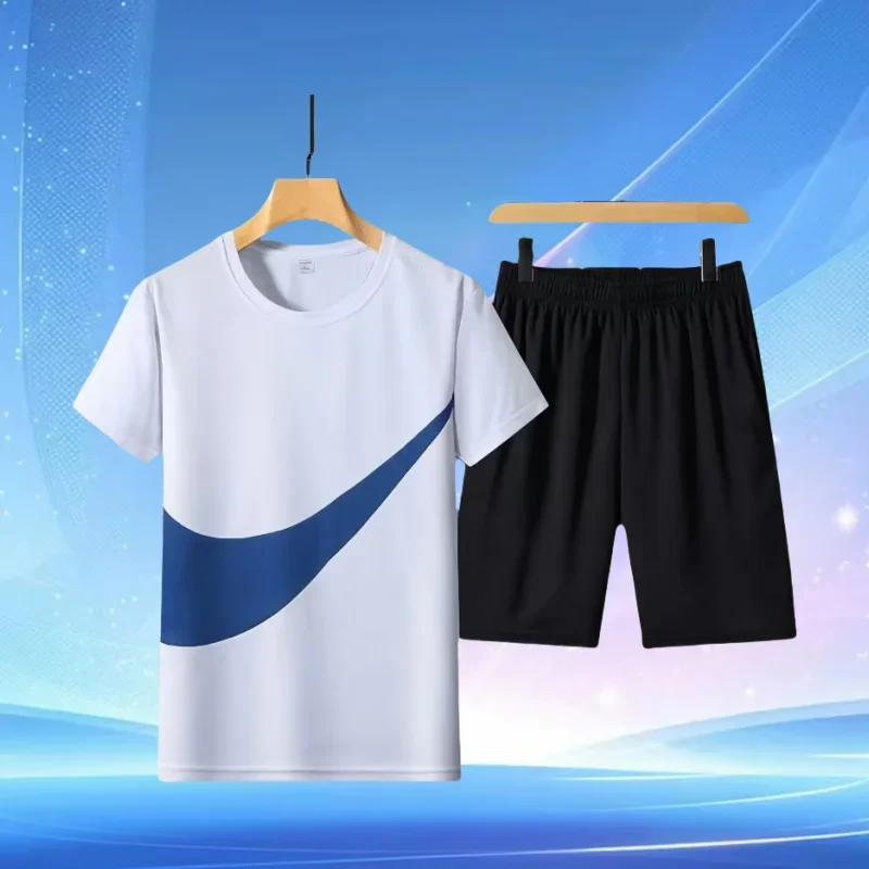 Ropa deportiva de poliéster para hombre, conjunto deportivo con patrón de gancho, transpirable, ajustado, de manga corta, para playa, gimnasio, trotar, correr, novedad de 2024