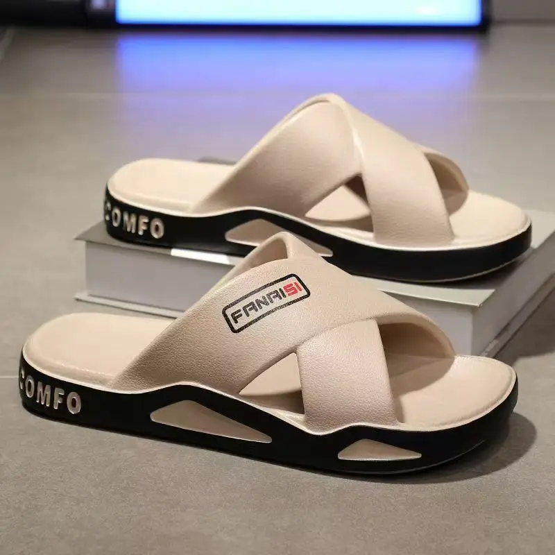 Men Summer New One Word Big size Criss-Cross Strap Slipper Soft sole Non Slip Washable Home Slippers Outdoor Beach Slippers