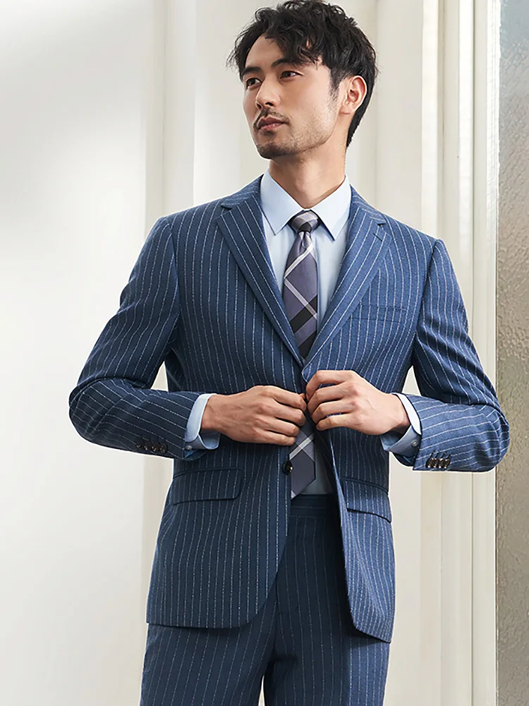 65% Wool 5% Silk Blue Stripe Fashion Men Suits Blazer Vest Pant Set Slim Fit High Quality 2022 Spring Leisure Wedding Groom Wear