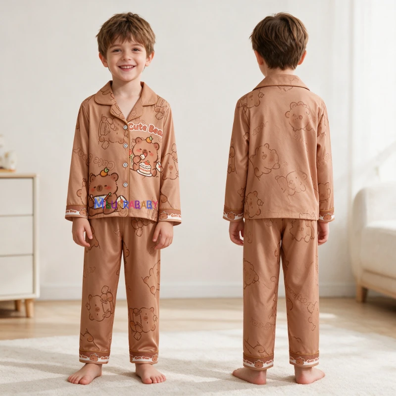 Children Pajamas Set Boys Spring  Autumn Long-sleeved Cartoons Middle-aged Girls Thin New Suits Air-conditioned Room Loungewear