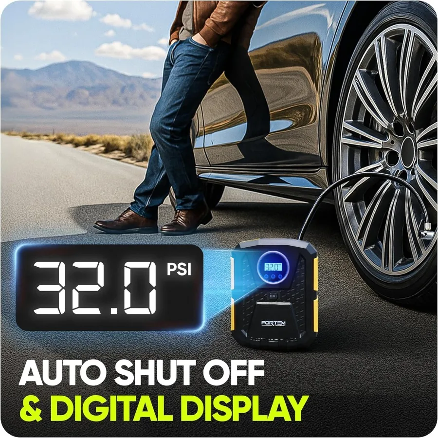 ضاغط هواء كهربائي محمول 12 فولت لإطارات السيارات والدراجات حتى 150 رطل لكل بوصة مربعة مع ضوء LED مقياس ضغط الإطارات الرقمي Featuri