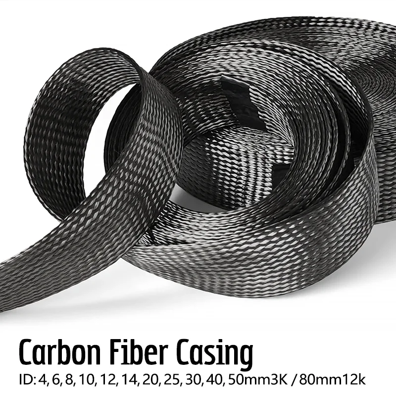4mm-80mm High Density Tightly Black Braided Flexible Carbon Fiber Sleeving Shield Wire Cable Tube Sheath Sleeve