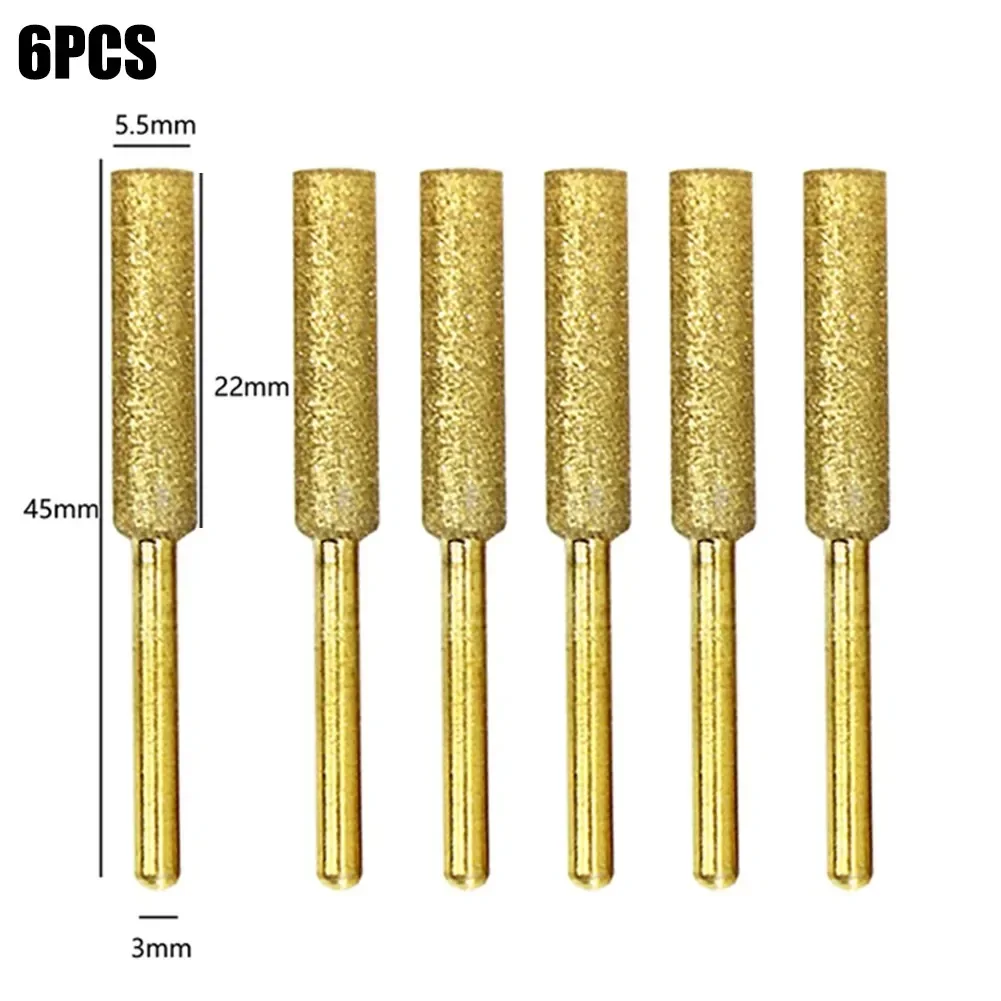 6pcs Coated Cylindrical Burr 4-5.5mm Chainsaw Sharpener Stone File Chain Saw Sharpening Carving Grinding Power Tools