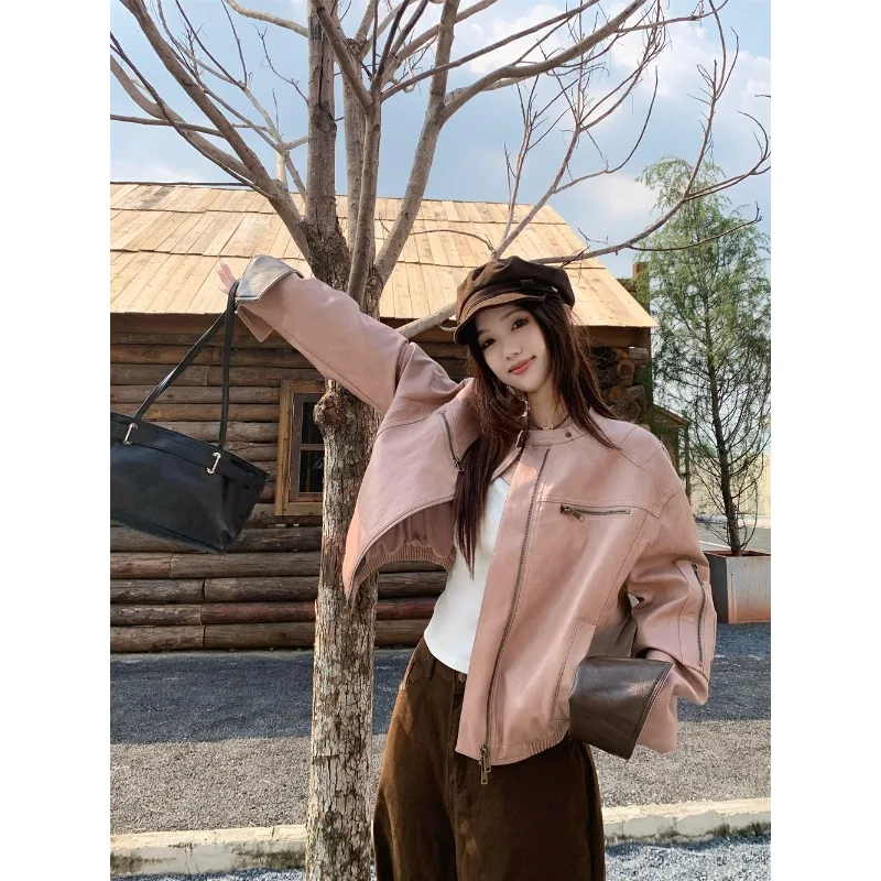 

Women Pink Leather Coat Retro Pu Leather Top Women Autumn Coat