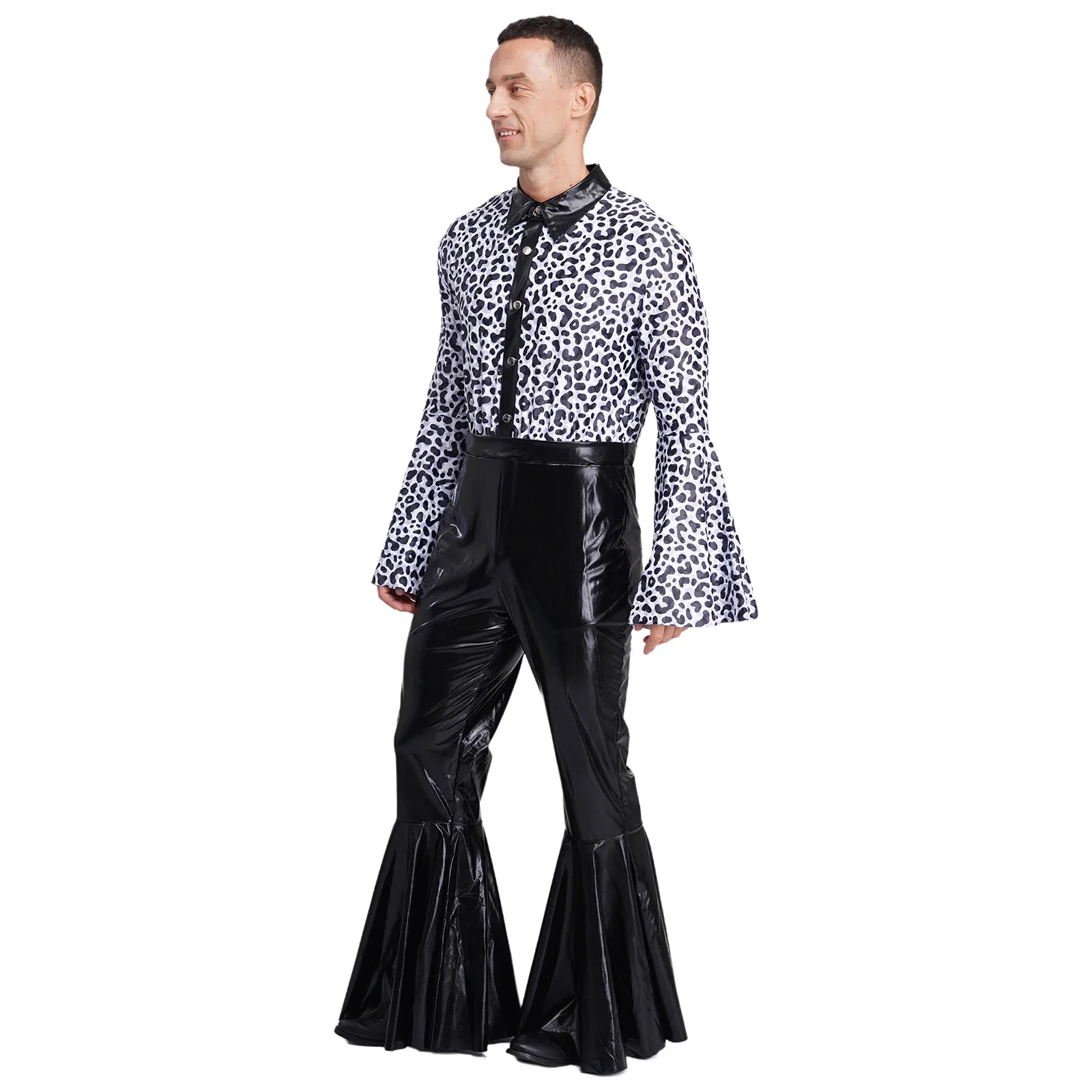 

Mens Flashy Disco Jumpsuit Hippie Costume Flared Sleeves Printed Bodice Metallic Halloween Theme Party Bell-Bottom Bodysuit