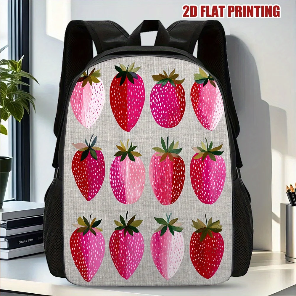 

1 strawberry print backpack - lightweight polyester student bag with removable adjustable shoulder straps, zipper closure
