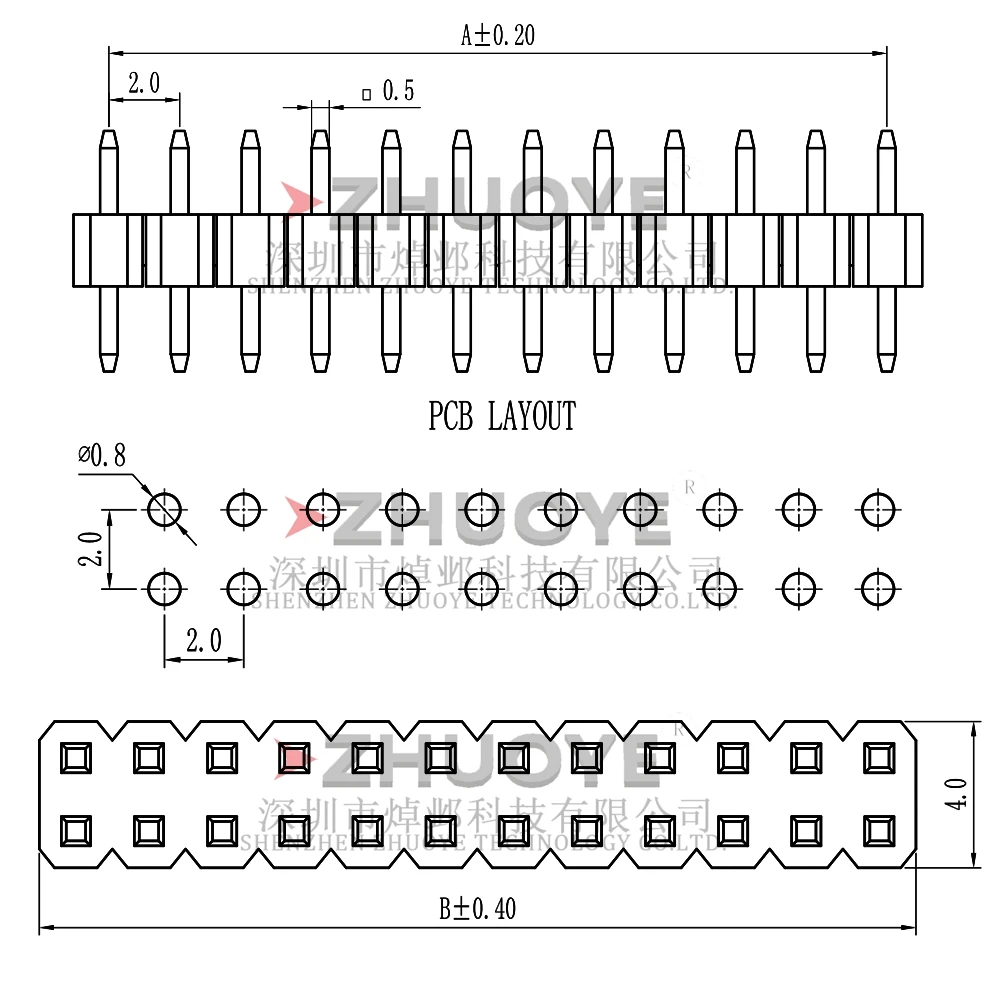 2.0 pin panjang jarum header 6mm pusat sulaman 2*2/3/4/5/6/7/8/9/10/12P/40P