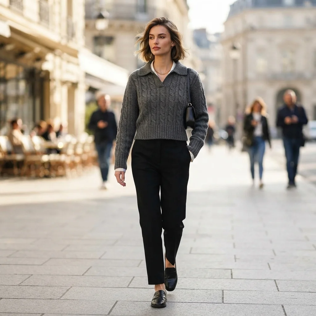 Cashmere Women Collared Cable Knit Sweater Long Sleeve Cropped Pullover Solid Gray Twist Texture Lapel Neck Casual BH1628