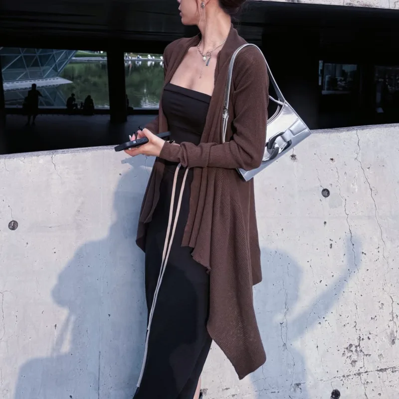 HKSH Thin Sweater Cardigan For Women Autumn New Solid Color Knitted Shawl Long Sleeve Elegant Tide Chic High Street Coat HK10737