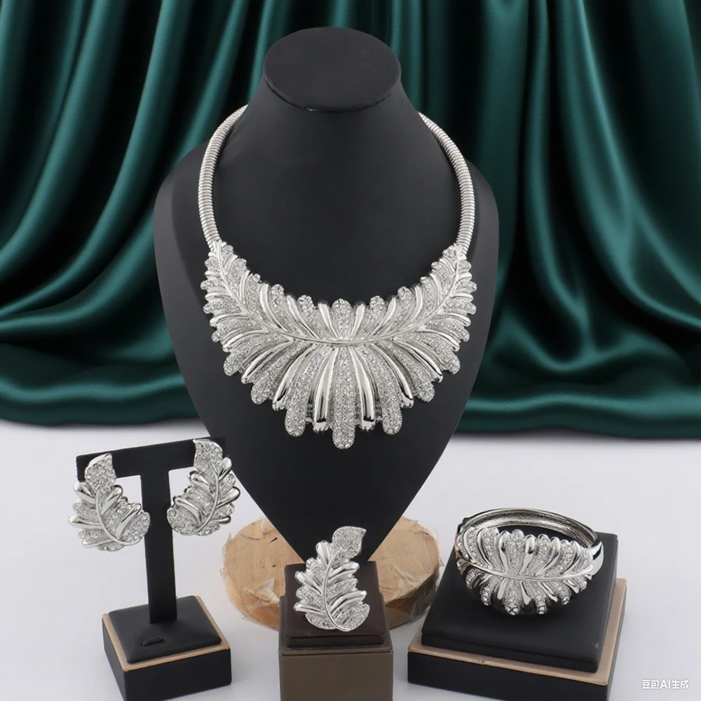 

New Trendy Luxury Africa Dubai Necklace Earrings Ring Bracelet Sets For Women Wedding Party Full Zircon Bridal jewelry Sets