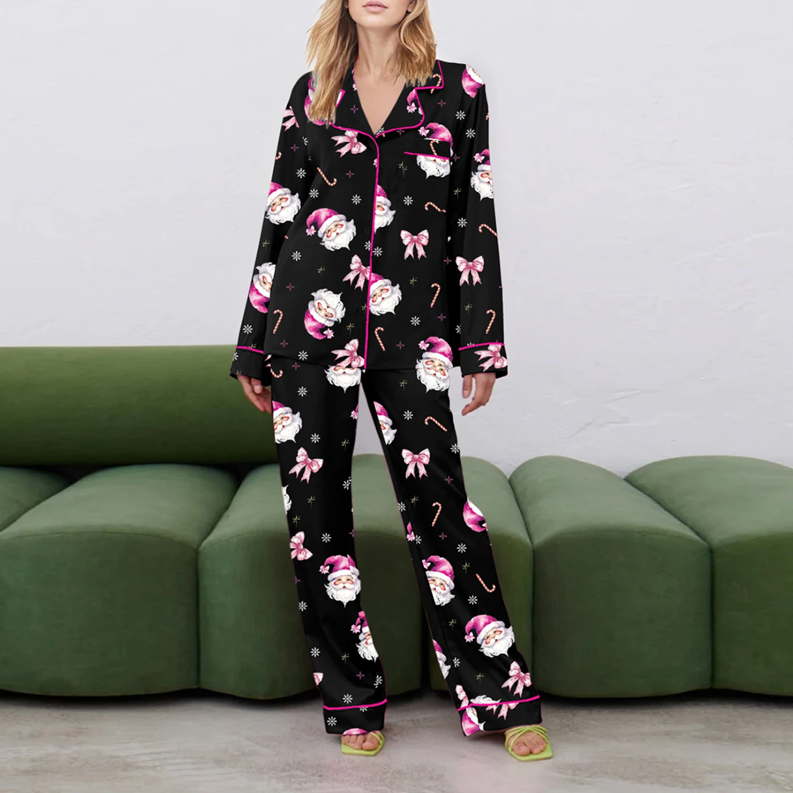 

HEZIOWYUN Women's Christmas 2Piece Satin Pajamas Set Santa Claus Print Long Sleeve Lapel Shirt with Pants Sleepwear Loungewear
