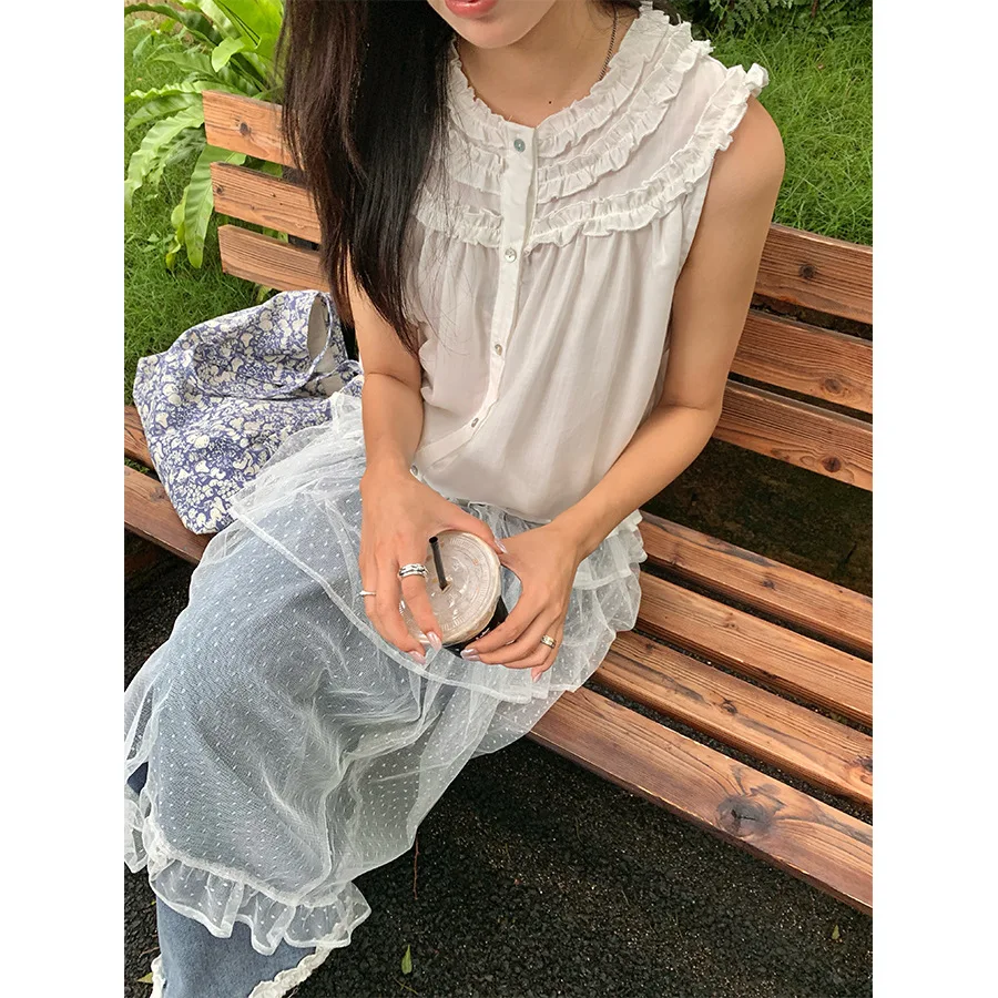 Chemise Slim plissée à col rond, nouveau Style, petit parfum, bord d'oreille en bois, sans manches, 2025