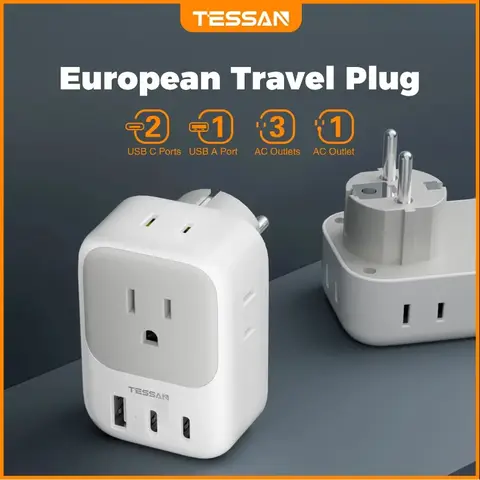 Adaptador de viagem TESSAN EUA para UE com 4 tomadas CA 3 portas USB 7 em 1 tipo E/F adaptador de tomada para Espanha França Rússia tomada de parede