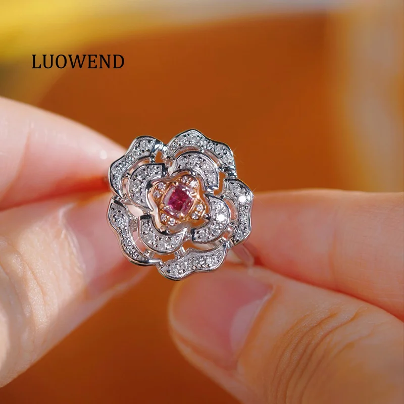 LUOWEND 100% 18K White Gold Rings Luxury Flower Shape Real Natural Pink Diamond Engagement Ring for Women High Party Jewelry