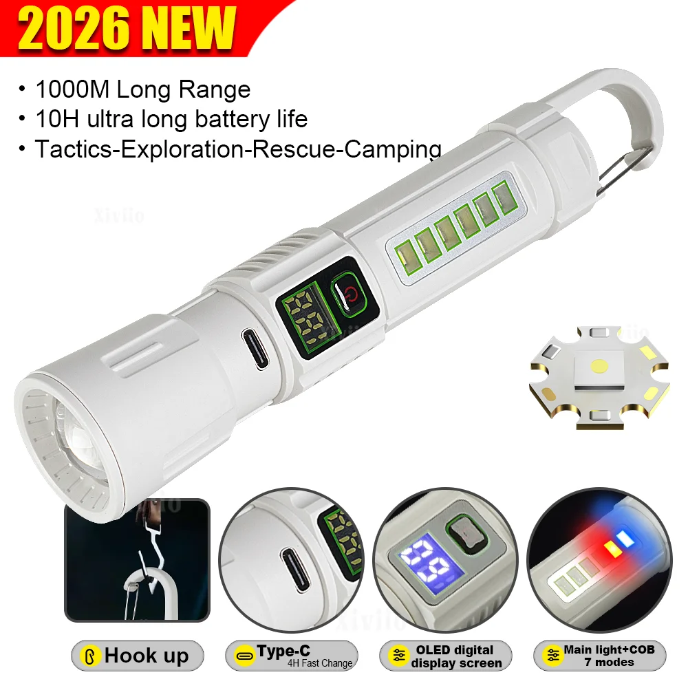 High Power Portable Flashlight Multifunctional Work Light with Hook Super Bright Pocket Torch Light Built-in Battery for Camping